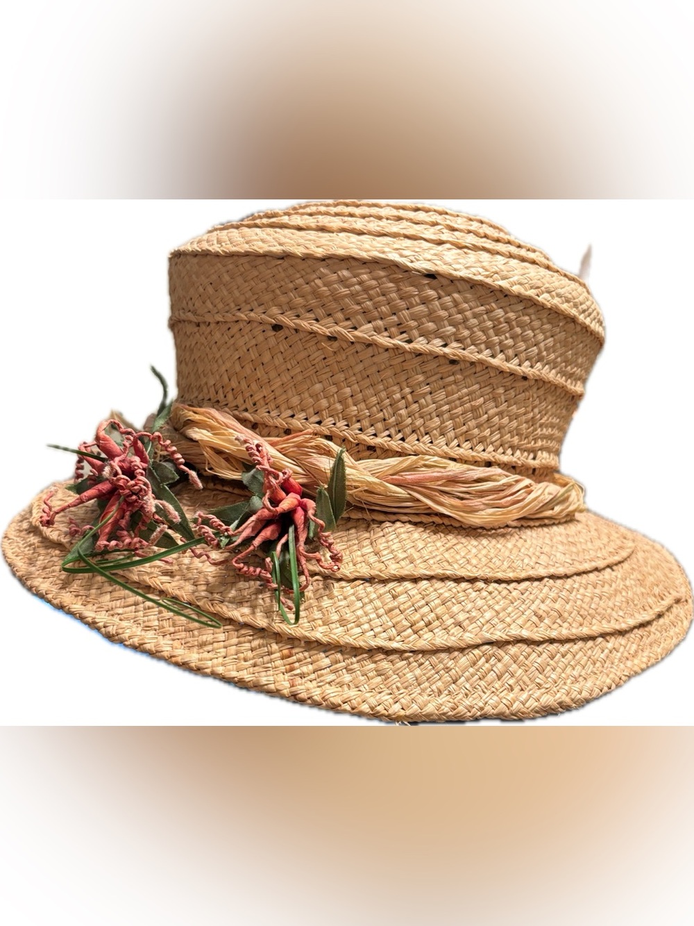 April Cornell Natural Straw Hat with Pink Floral and Raffia Accents - Picture 2 of 10